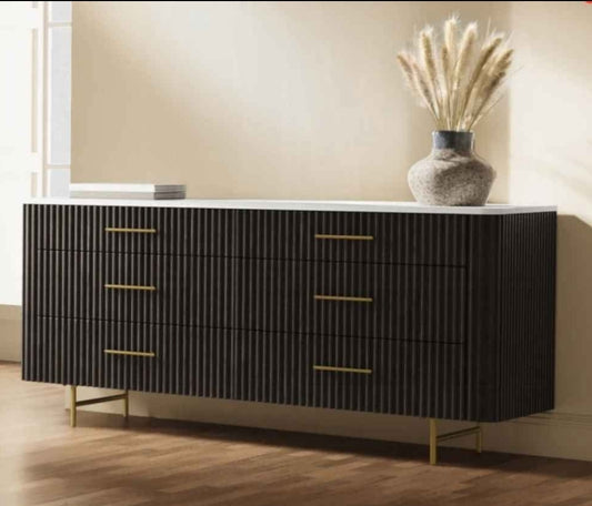 6 drawer dresser Flutted Wood and Marble top /Brass Handles