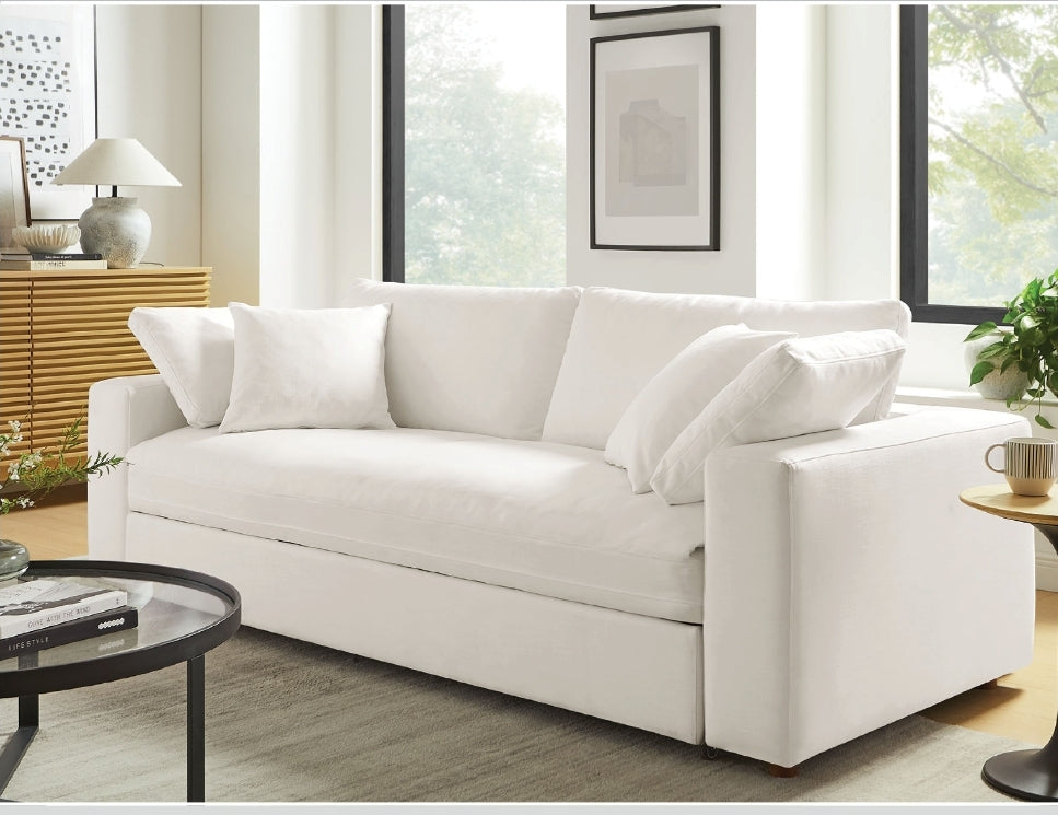 Down Filled Cloud Sofa Sleeper available in White or cream performance fabric