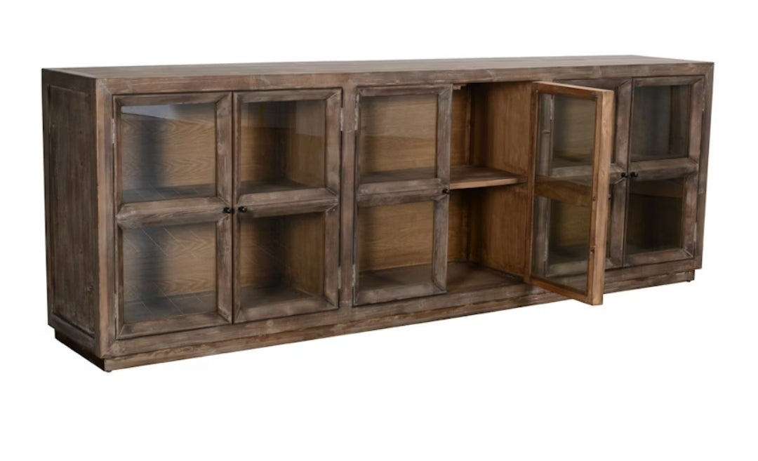 Gorgeous 6 Door Reclaimed Pine Wood Sideboard with Glass Doors and shelves
