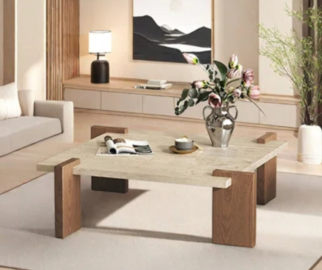 40" Solid Travertine Square Coffee Table with solid reclaimed pine wood