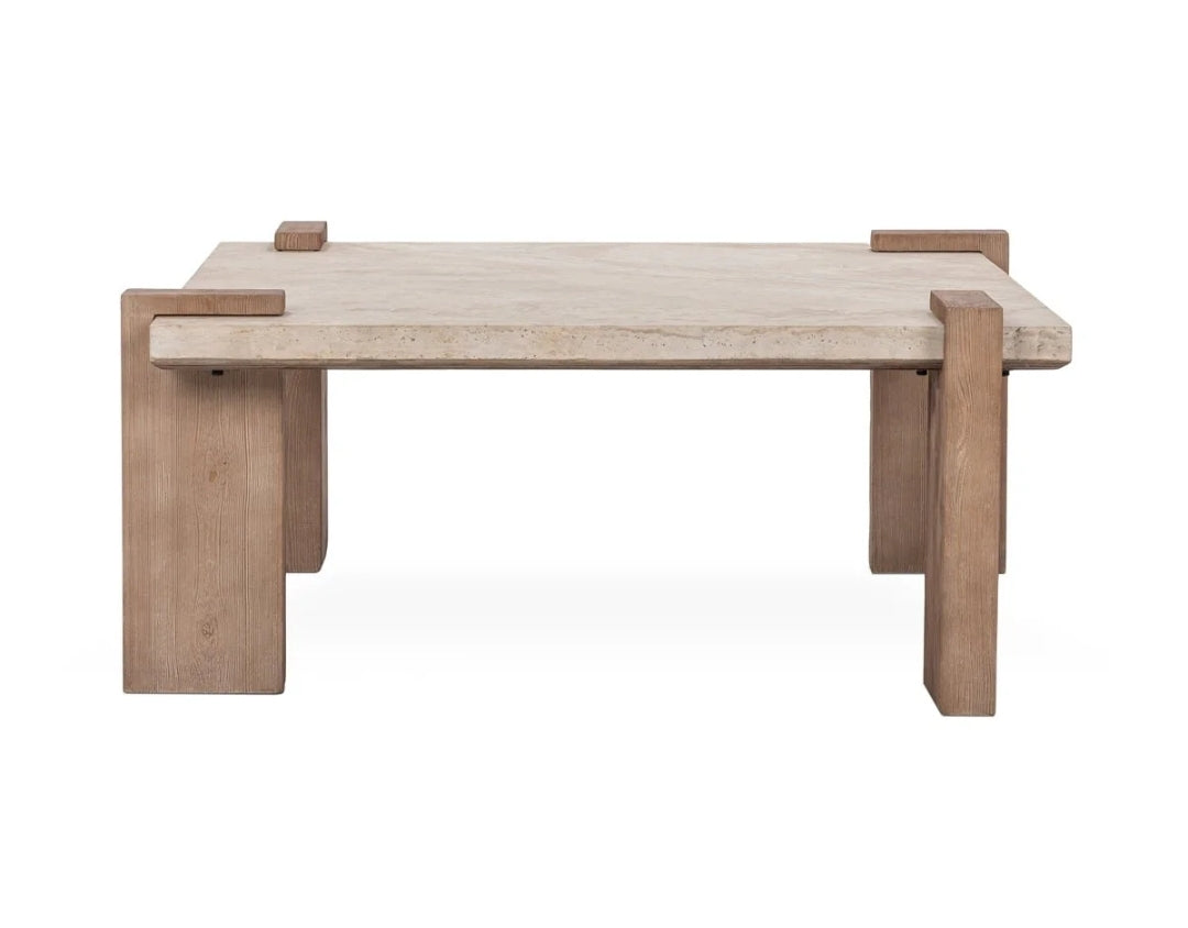 40" Solid Travertine Square Coffee Table with solid reclaimed pine wood
