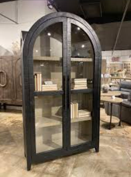 89" Solid Wood Black Arch cabinet with shelves and glass doors