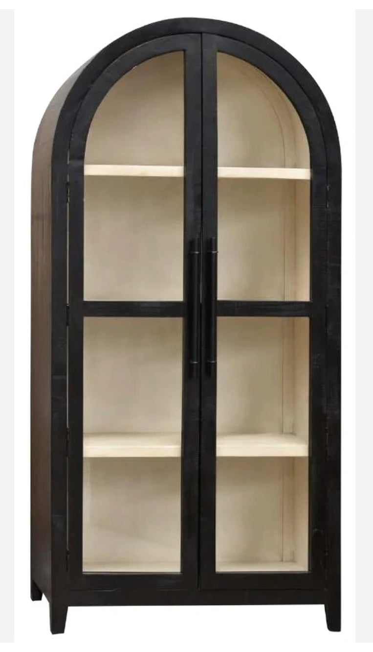 89" Solid Wood Black Arch cabinet with shelves and glass doors