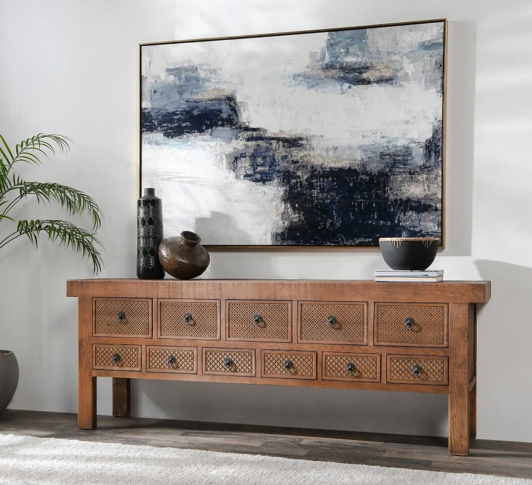 93" Solid Reclaimed Pine Wood Console Table with Carved wood diamond pattern design