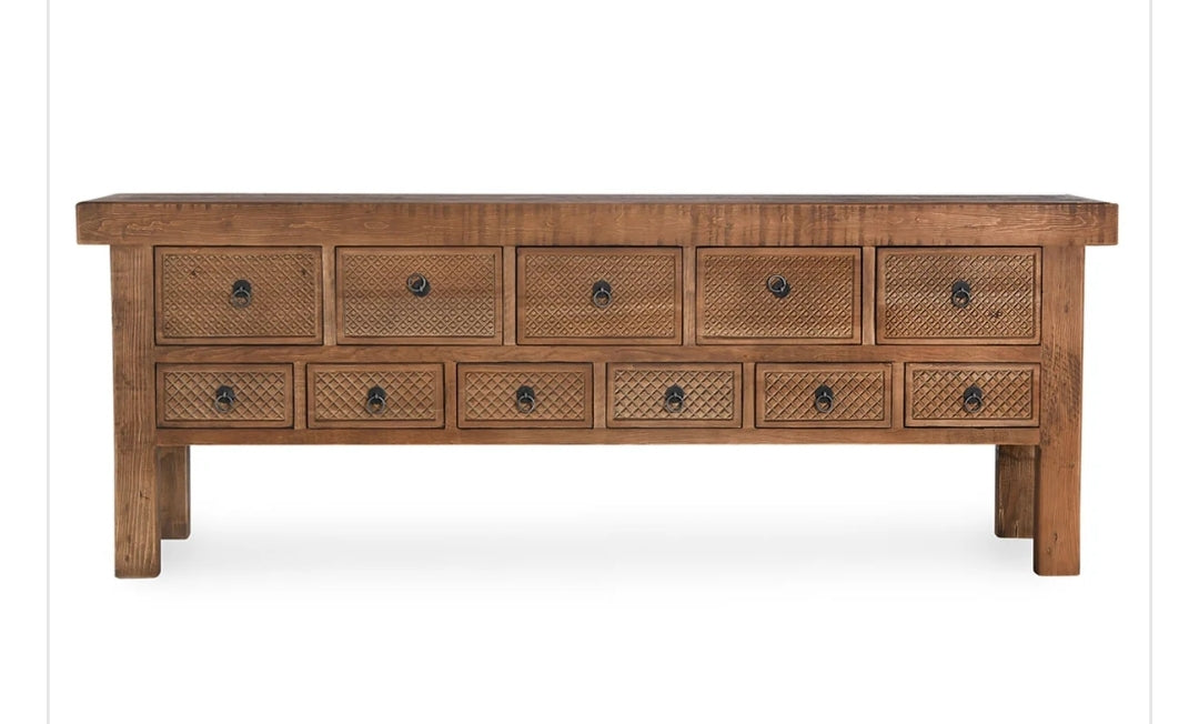 93" Solid Reclaimed Pine Wood Console Table with Carved wood diamond pattern design