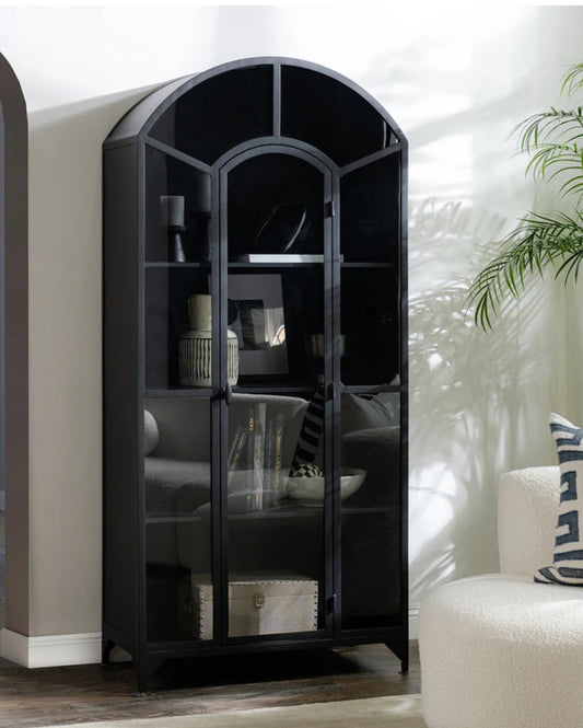 79" Black Elegant Arched Iron Cabinet with tempered glass doors