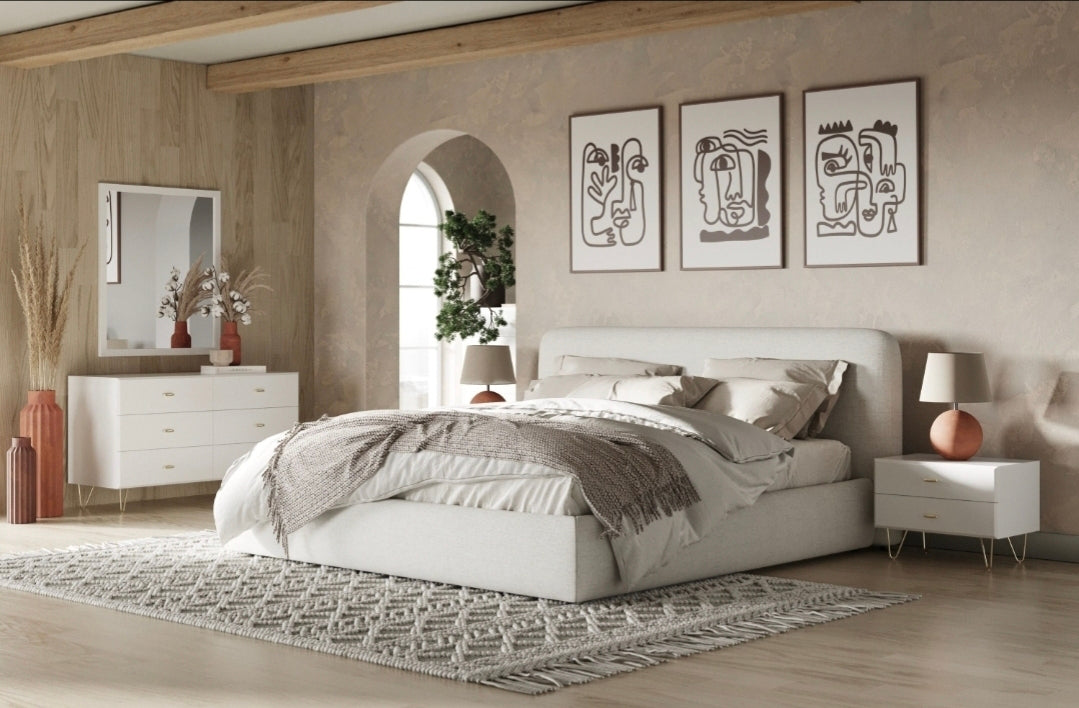 King Size cloud style Modern Ivory Fabric performance Upholstered Bed
