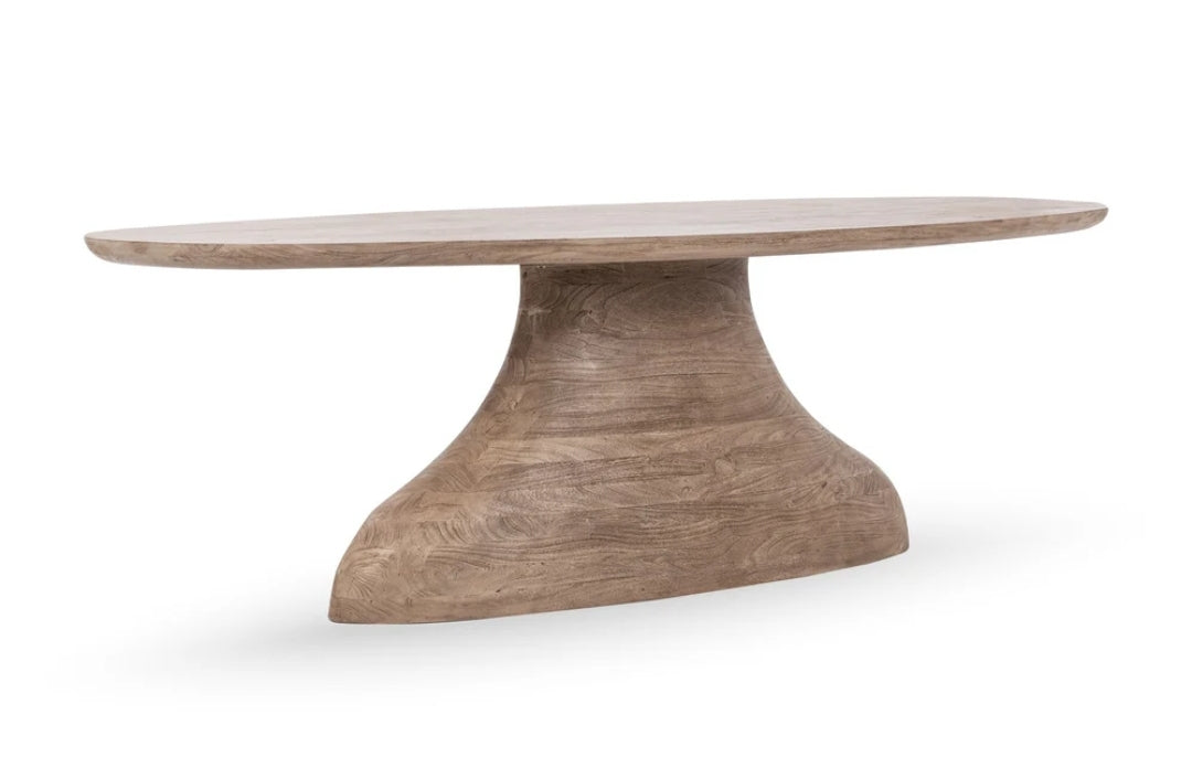 94" Solid Carved Wood Dining Table with Pedestal Base in reclaimed oak grain finish
