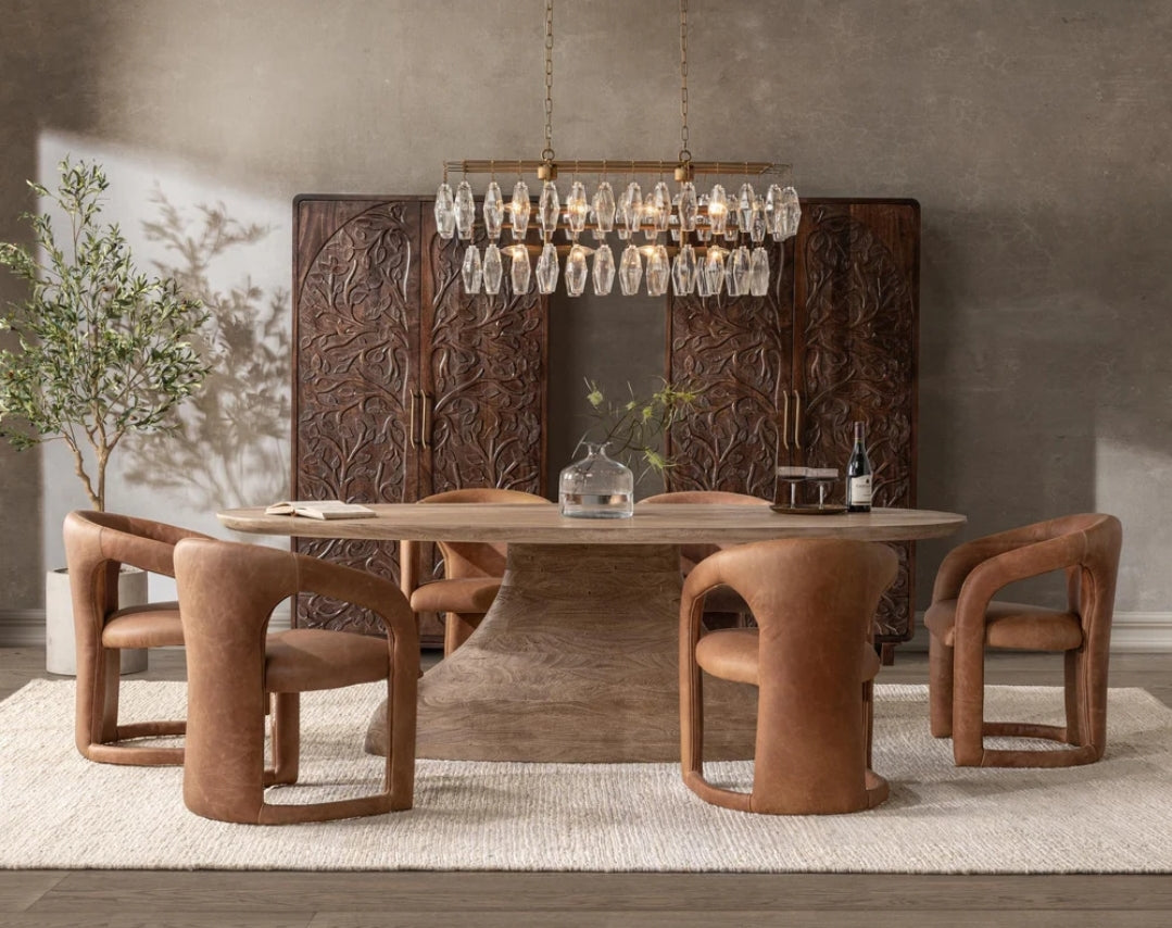 94" Solid Carved Wood Dining Table with Pedestal Base in reclaimed oak grain finish
