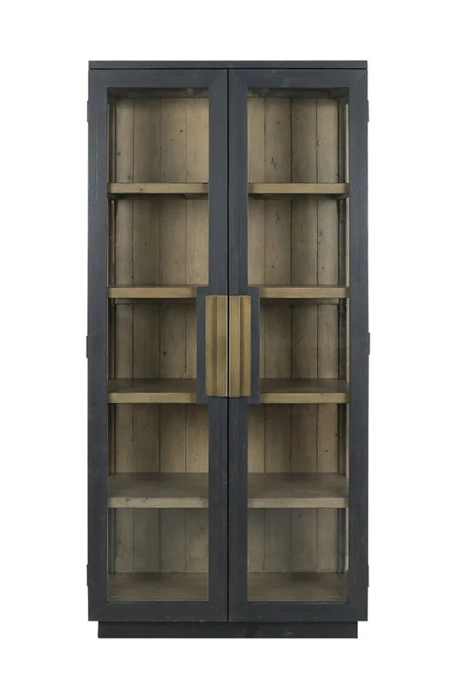 Brand New 82" Black Solid Reclaimed Wood Cabinet with tempered glass door with brass handles