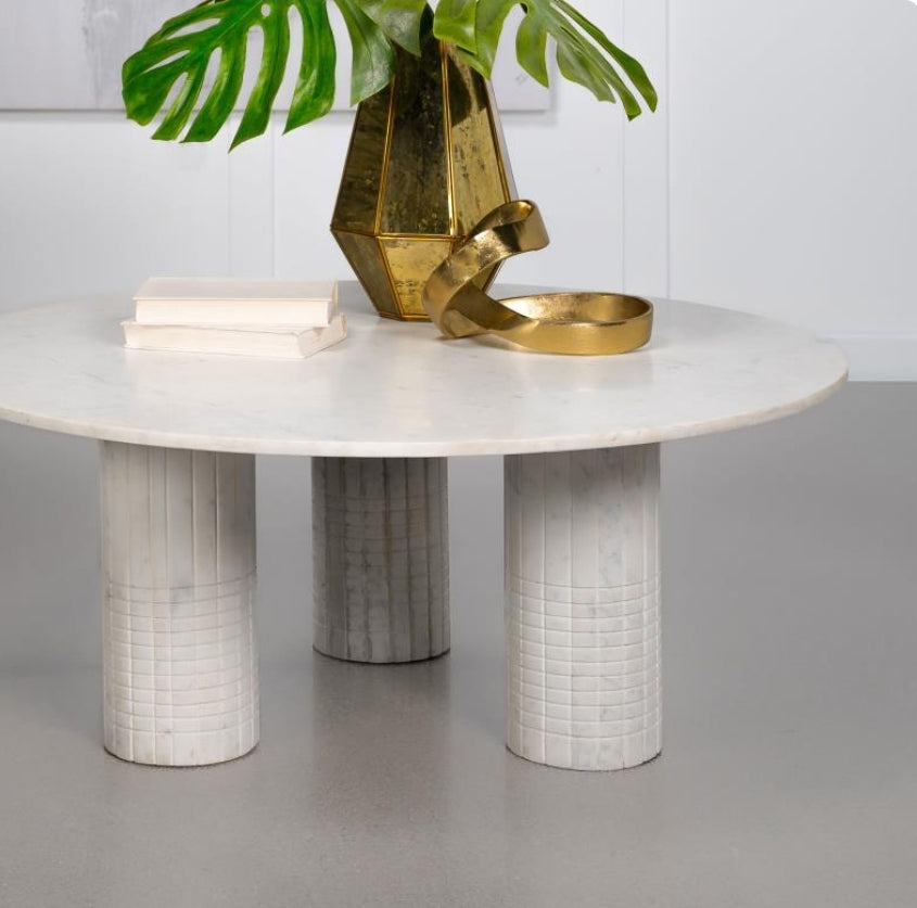 44" Round Solid Marble Coffee Table with 3 round marble pedestal legs-