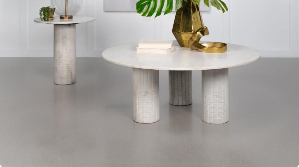 44" Round Solid Marble Coffee Table with 3 round marble pedestal legs-