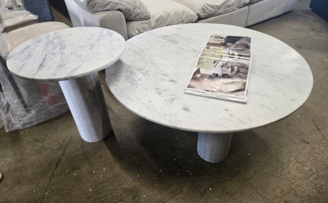 44" Round Solid Marble Coffee Table with 3 round marble pedestal legs-