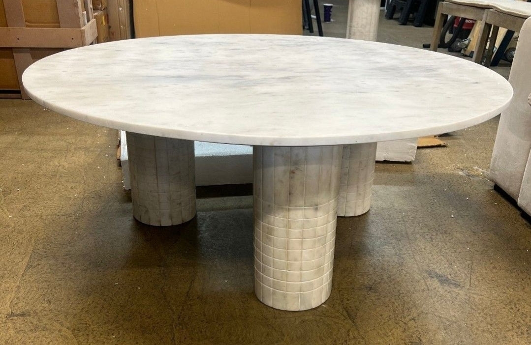 44" Round Solid Marble Coffee Table with 3 round marble pedestal legs-
