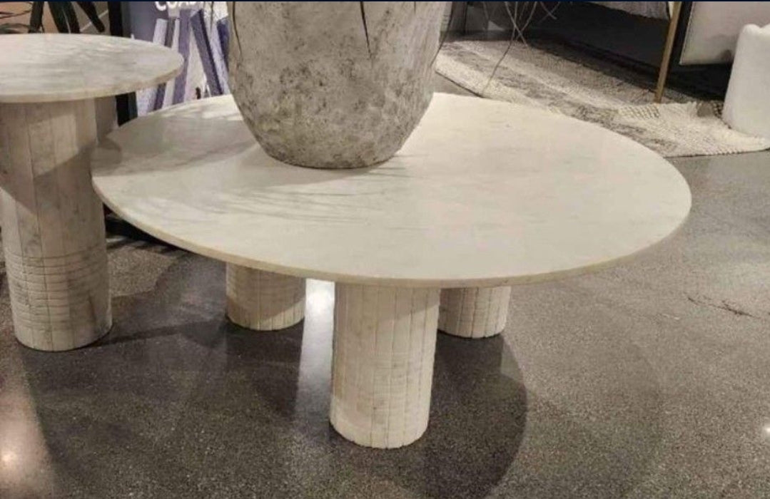 44" Round Solid Marble Coffee Table with 3 round marble pedestal legs-