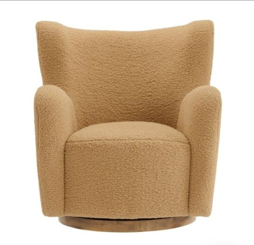 Wingback Swivel Accent Chair Upholstered in camel performance fabric with Walnut swivel base