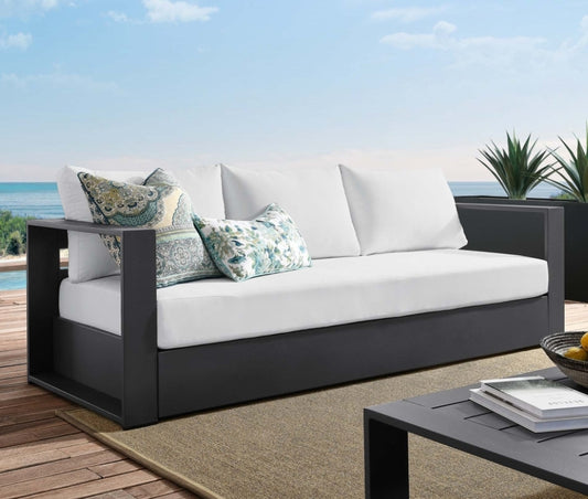 Lamod 90" 3 person Modern powder coated aluminum black sofa upholstered in white outdoor cushions