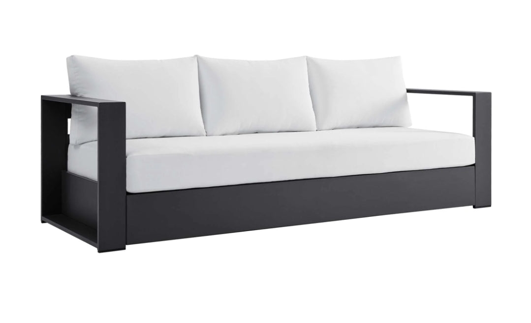 Lamod 89" 3 person Modern powder coated aluminum black sofa upholstered in white outdoor cushions