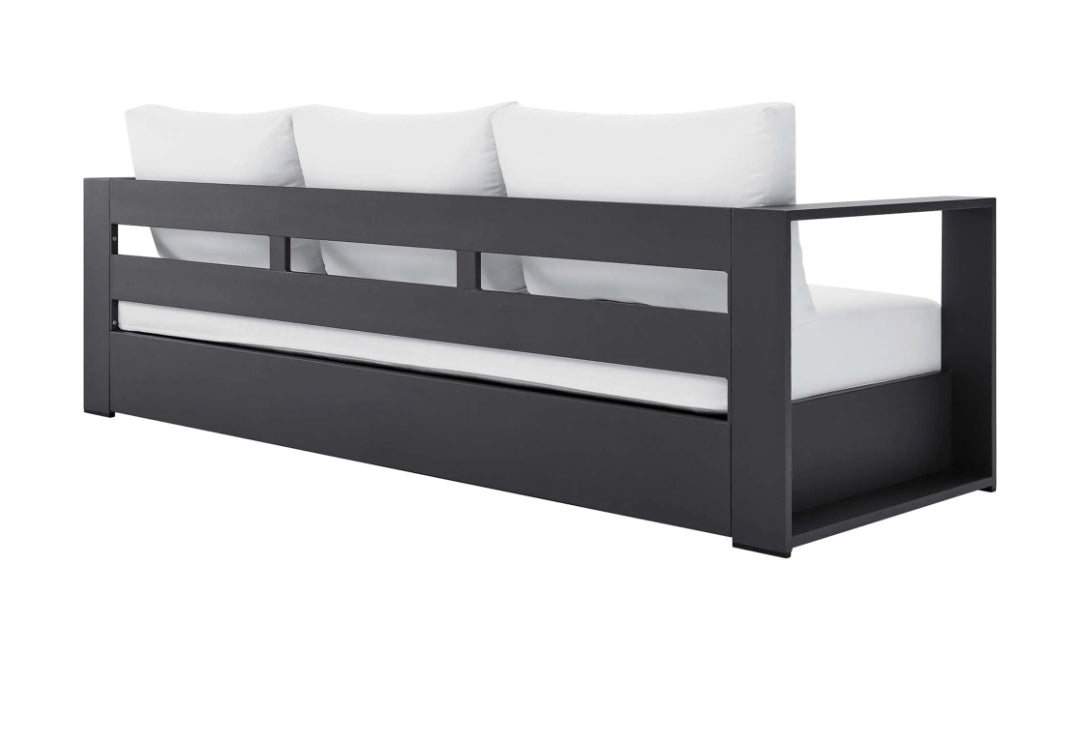 Lamod 89" 3 person Modern powder coated aluminum black sofa upholstered in white outdoor cushions