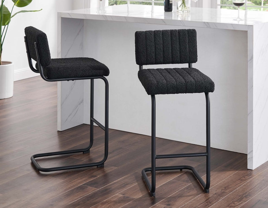 (Set of 2) Chanel tufted Black Boucle Counter Stools with aluminum frame