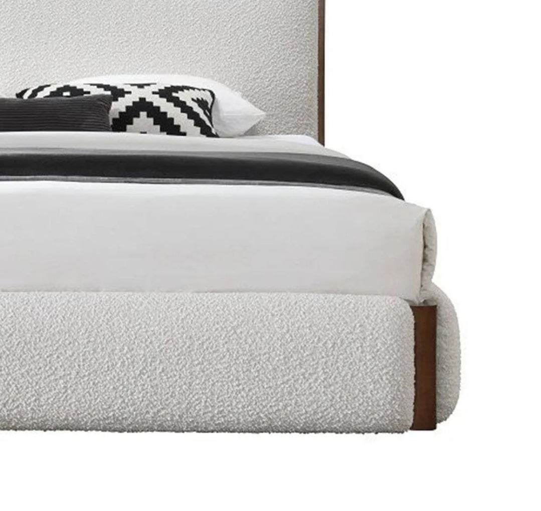 White Platform Bed finished in Walnut and Performance Fabric