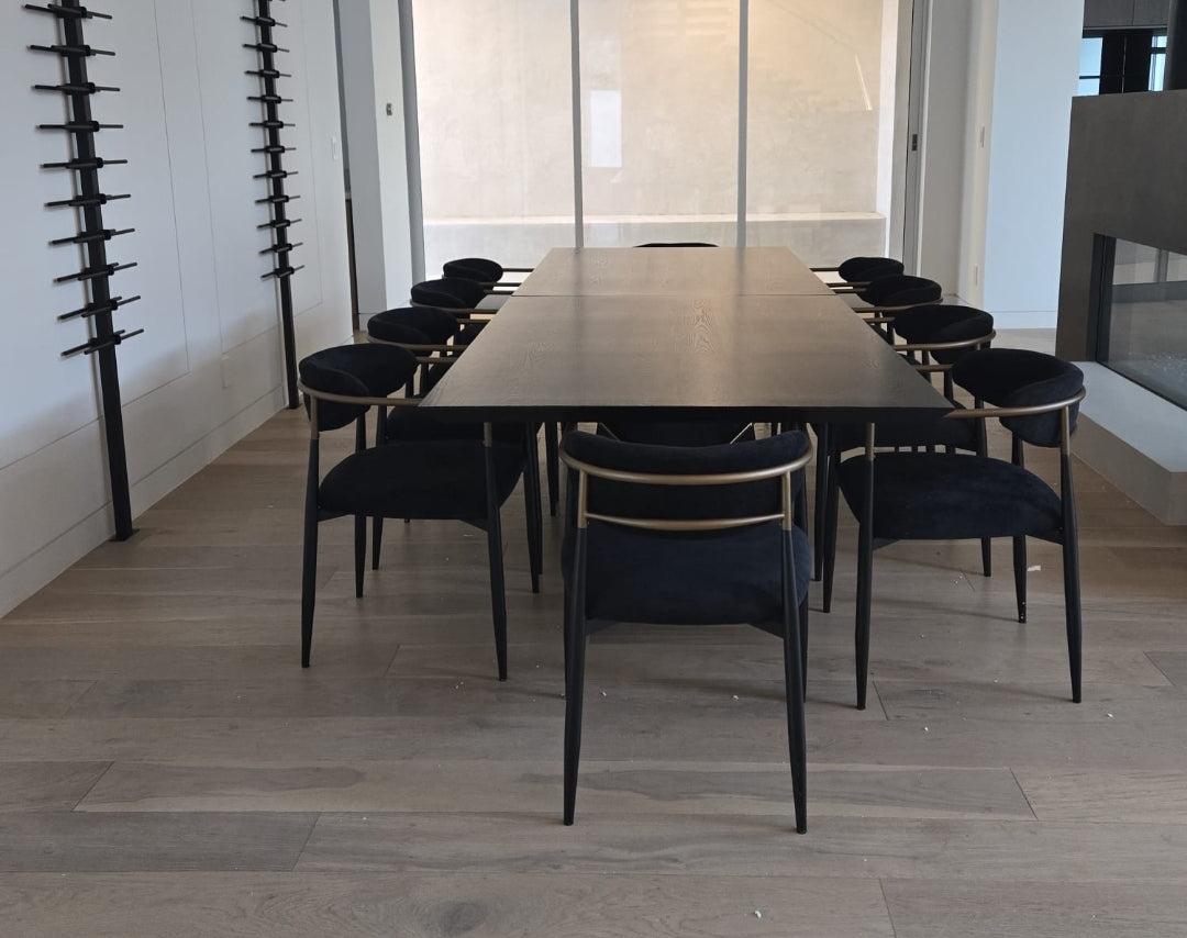 Panthere Black performance chenille dining chairs with brass accent