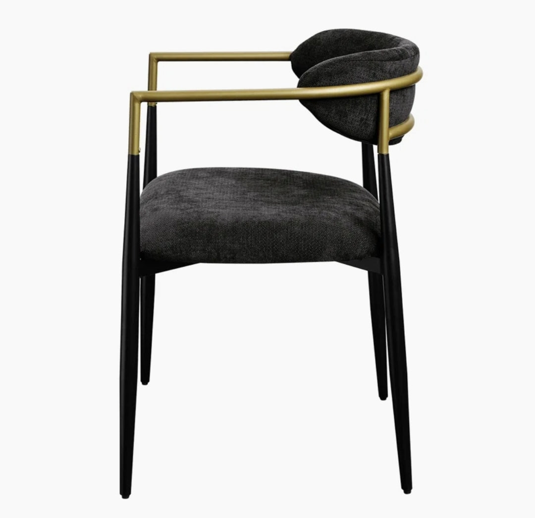 Panthere Black performance chenille dining chairs with brass accent