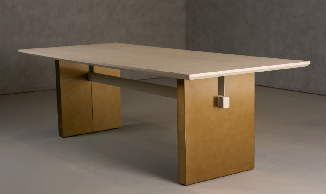 95" Wood Dining table double with pedestal brushed brass base