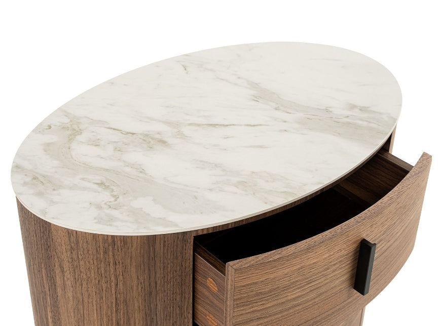 White Ceramic & Walnut Oval Nightstand Collection