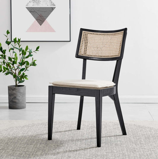 Loren Solid Wood Dining Chair with Black Cane Beige cushions