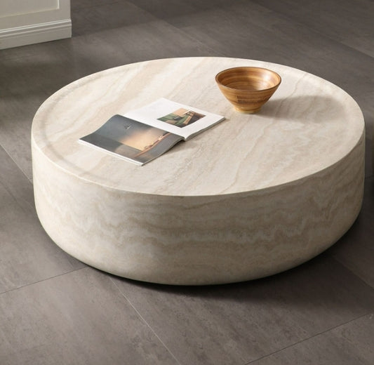 Modern 44" Round coffee table with travertine finish