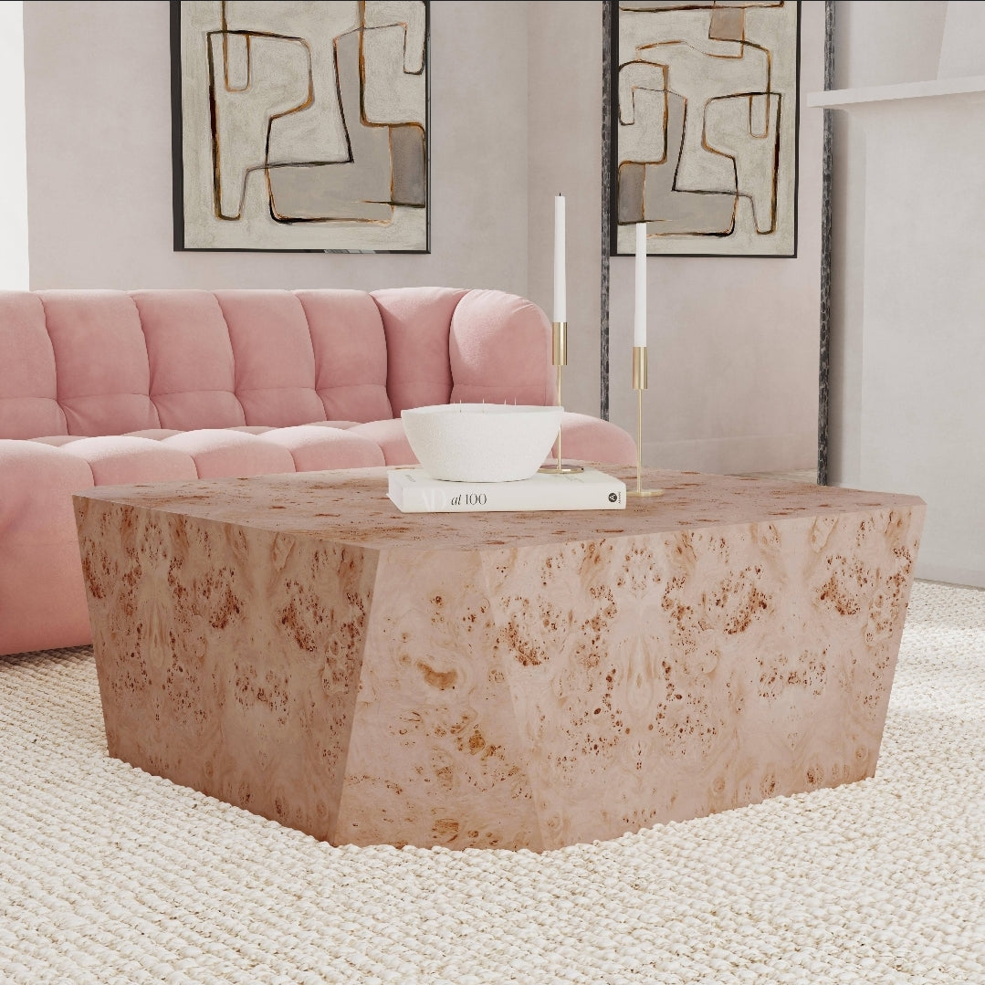 Burl Wood 42" Square Coffee Table with natural grain design