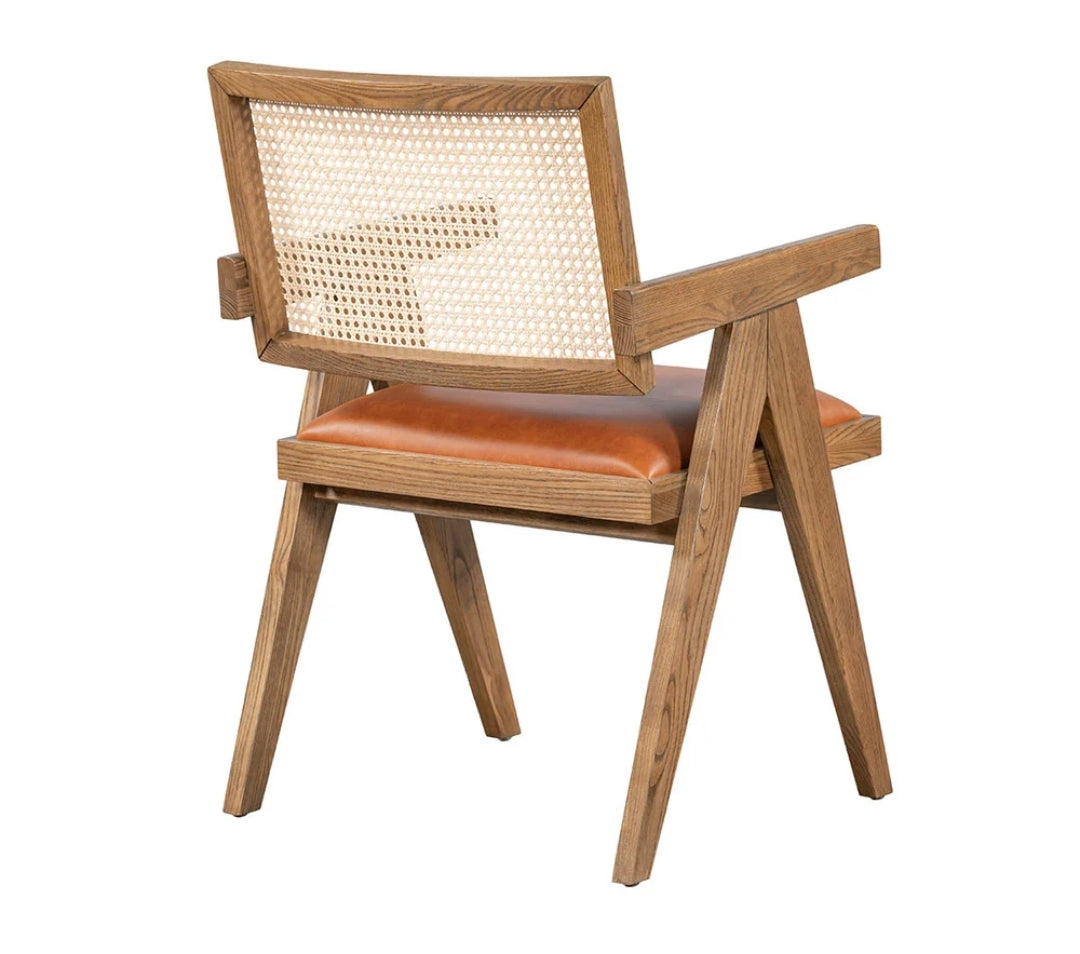 MCM Top Grain Leather Seat Dining Chair with solid wood frame and cane
