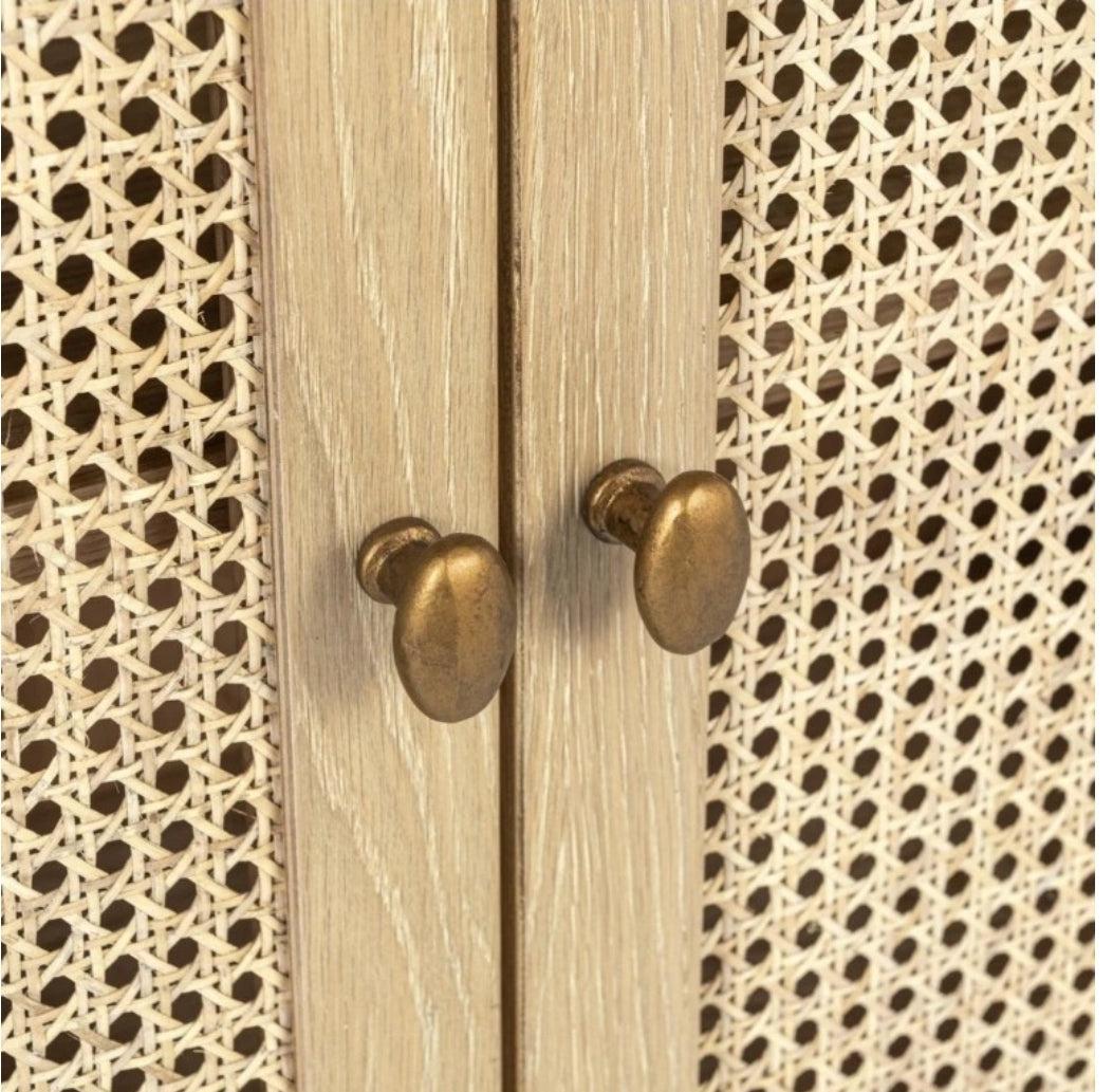 Brand New 79" Solid Oak Wood 4Dr Sideboard Cabinet with cane and antiqued brass handles