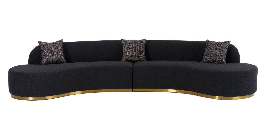 - Glam Black Fabric Curved Sectional Sofa with Grey Pillows