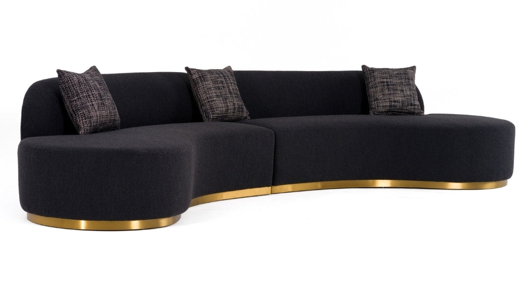 - Glam Black Fabric Curved Sectional Sofa with Grey Pillows