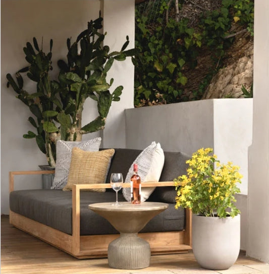 Kuba Solid Teak outdoor Sofa - Grey Performance Olefin beige cushions and slatted back design