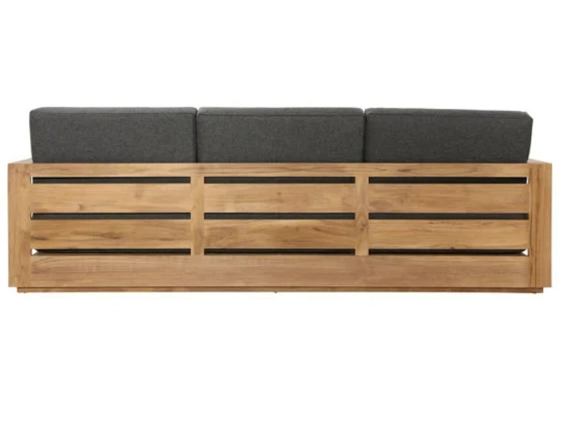 Kuba Solid Teak outdoor Sofa - Grey Performance Olefin beige cushions and slatted back design