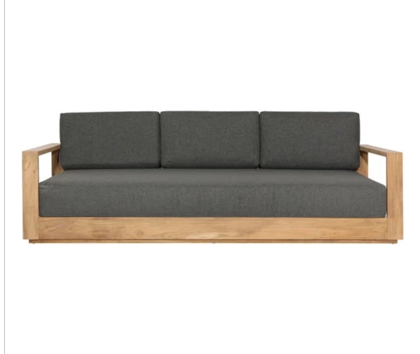 Kuba Solid Teak outdoor Sofa - Grey Performance Olefin beige cushions and slatted back design