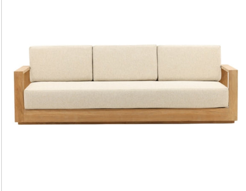 Kuba Solid Teak outdoor Sofa with Performance Olefin beige cushions and slatted back design