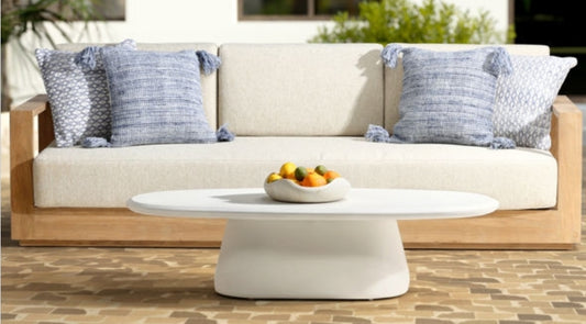 Kuba Solid Teak outdoor Sofa with Performance Olefin beige cushions and slatted back design
