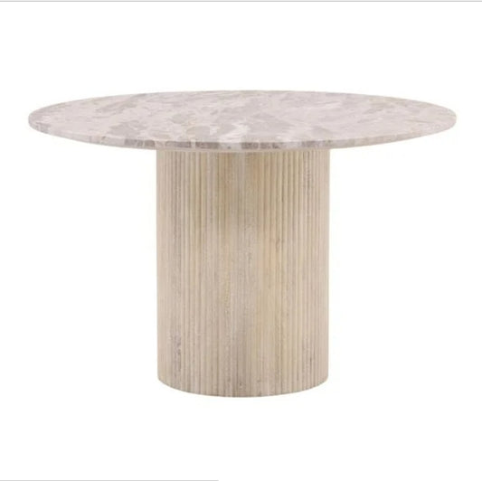 Brand New 48" Circular Tendu Marble and Flutted Mango Wood Base by Dovetail
