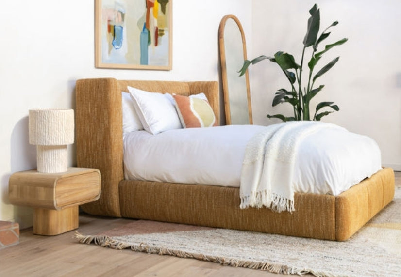 King size performance fully upholstered bed in textured fabric