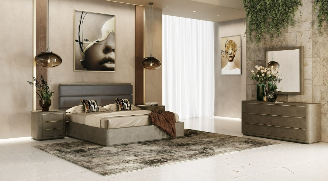 Modern Grey Leather & Beige Shagreen Bedroom Set