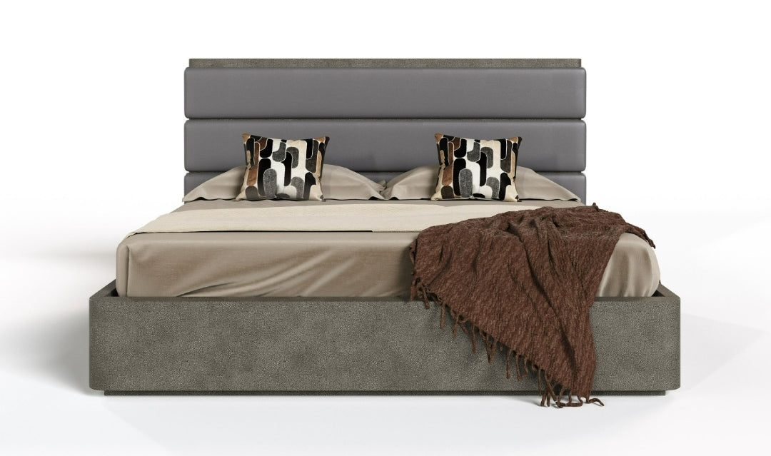 Modern Grey Leather & Beige Shagreen Bedroom Set