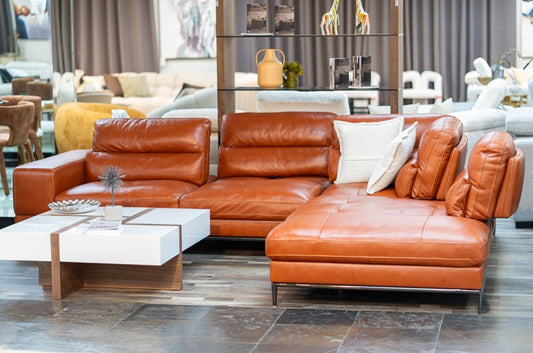 Modern Top Grain leather Cognac RAF Chaise Sectional Sofa