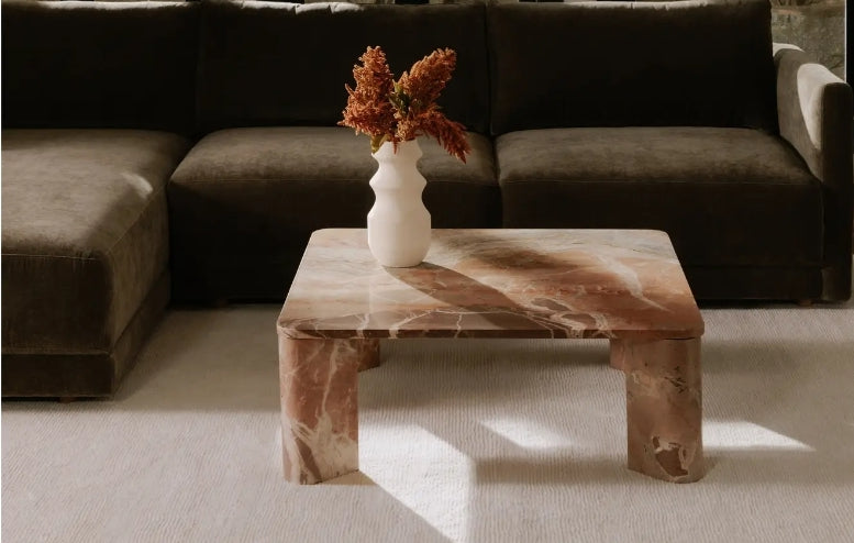 36"² Square Solid Terra Cotta Marble Coffee table with pink, green ivory hues