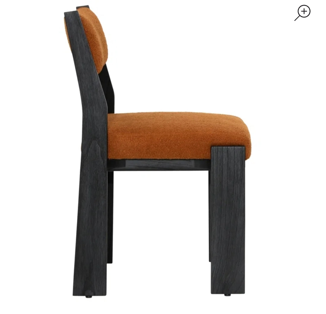Mindi Wood Dining Chair upholstered in performance Rust boucle