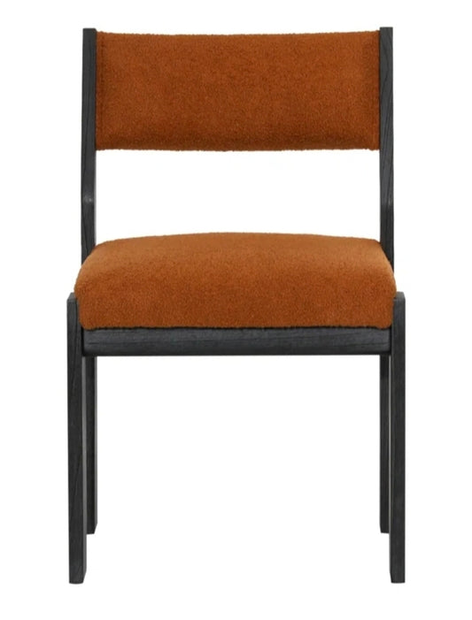 Mindi Wood Dining Chair upholstered in performance Rust boucle