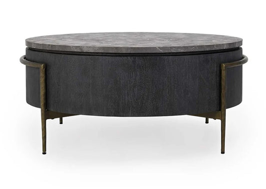 42" Round Coffee Table With Solid Mango Wood/Concrete Laminated Stone